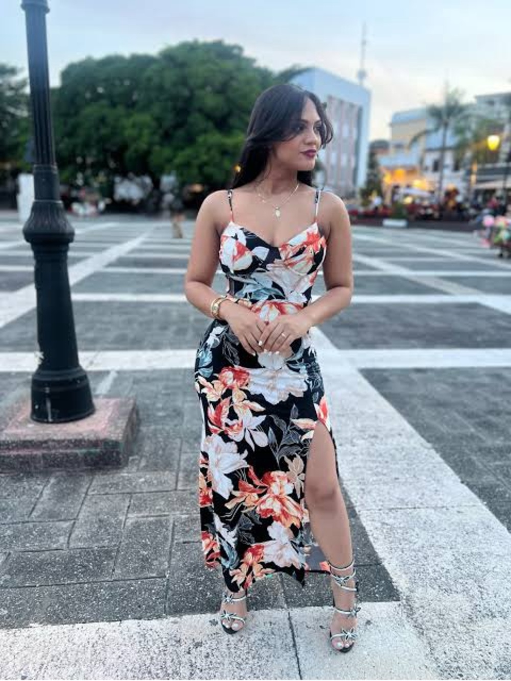 Floral Black Sundress with Orange & Cream Blooms